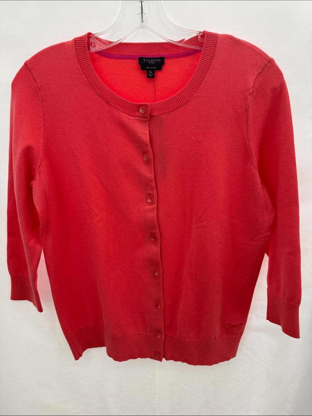 Talbots Coral Button-Front Crewneck Cardigan Pima Cotton Size PM